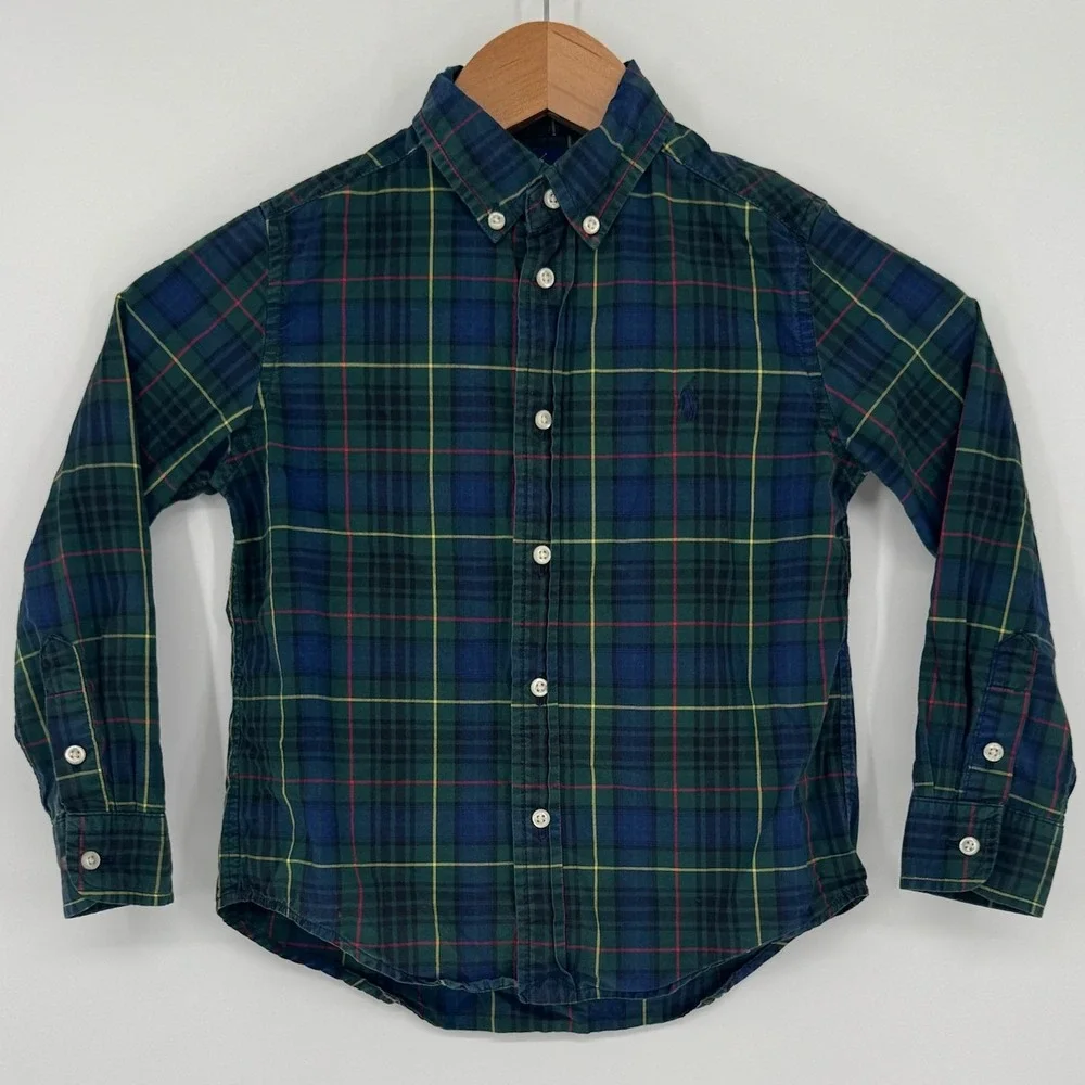 Ralph Lauren Boys Green Blue Tartan Plaid Cotton Button Down Shirt Size 5
